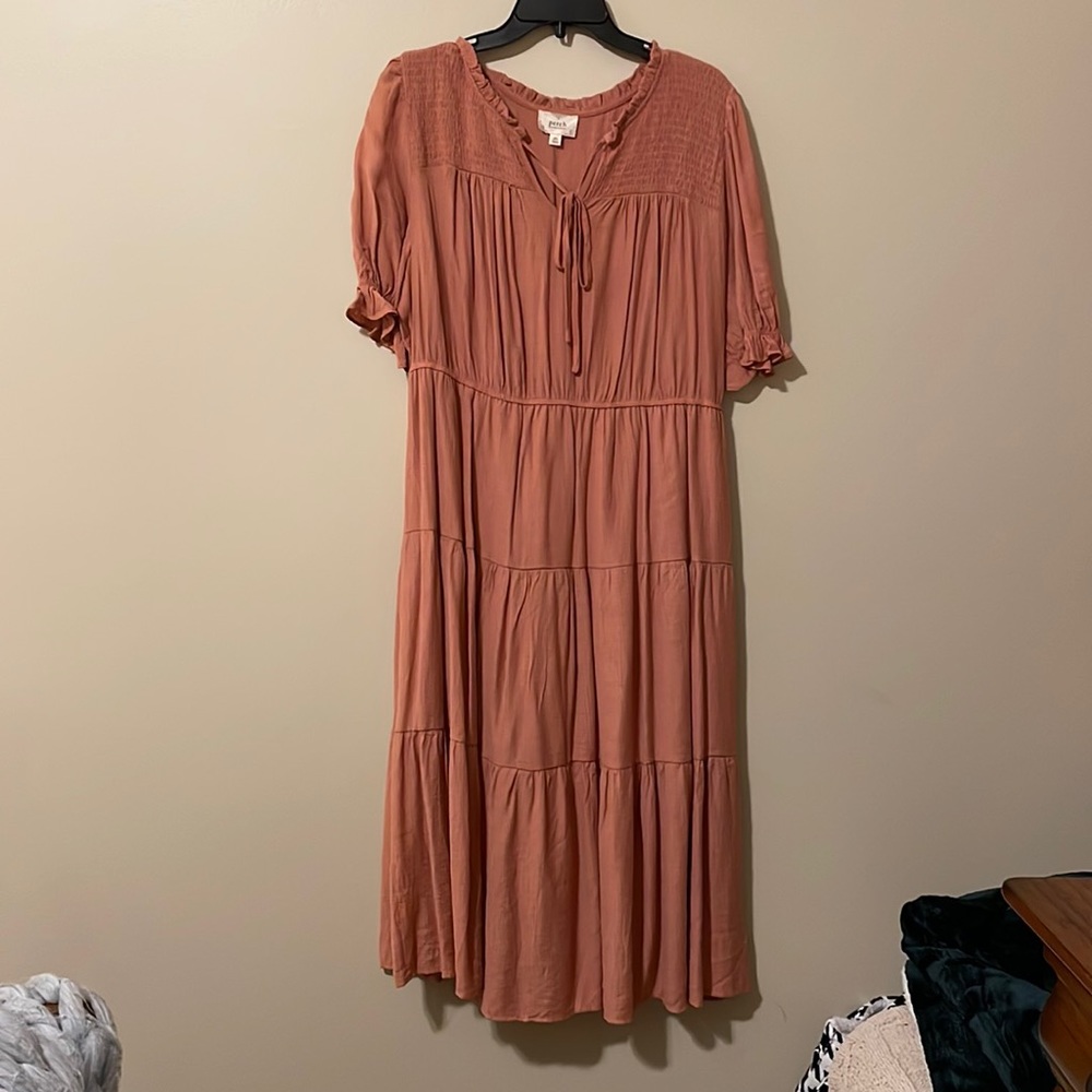 Peach Smocked Tiered Midi Dress